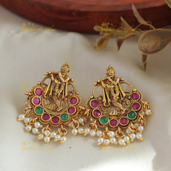 Stunning Krishna playing flue pendant chain haram with ruby emerald and pearls - Sparkle and Glow