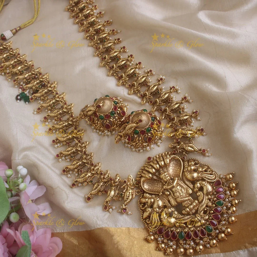 Exclusive Kalinga Mardhan Krishna carved long necklace with ruby emerald and green beads - Sparkle and Glow