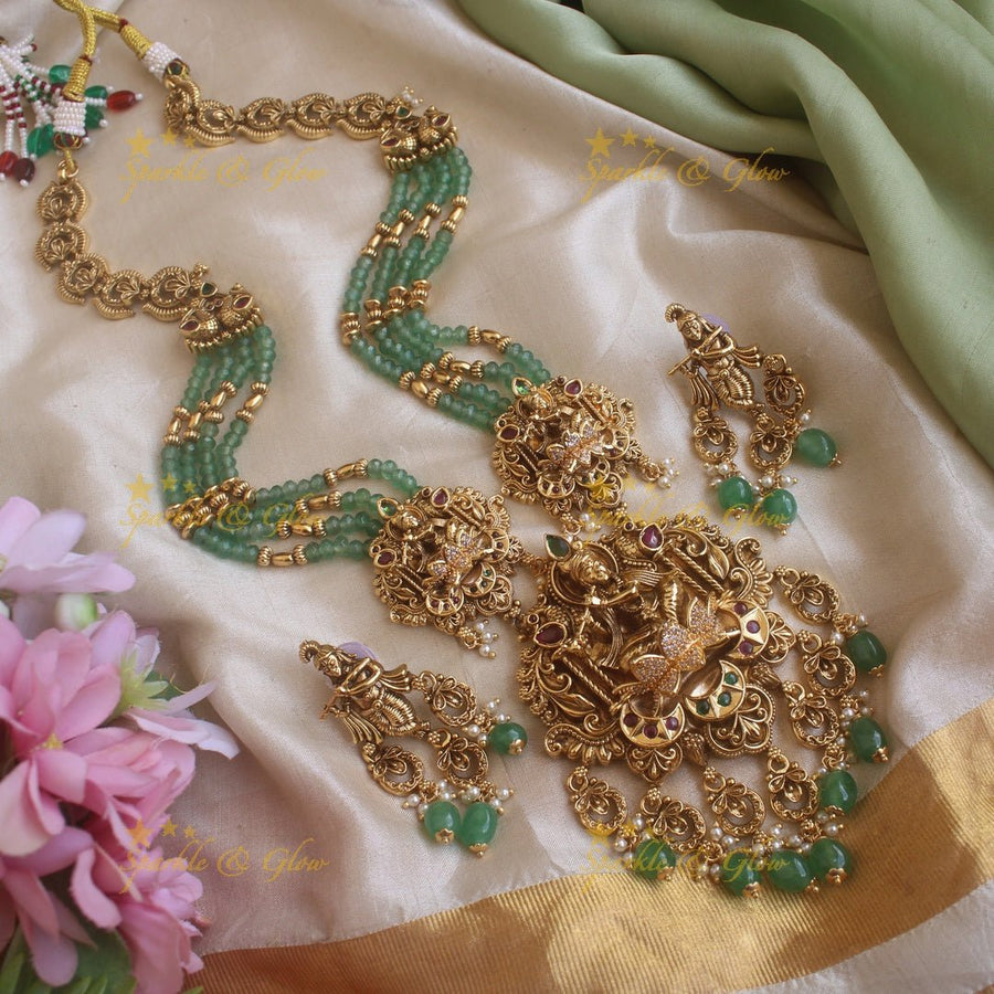 Exclusive Krishna Playing flute and half moon design pendant haram with multi layer mint green beads chain and stones - Sparkle and Glow - Mintgreen - Back Thread