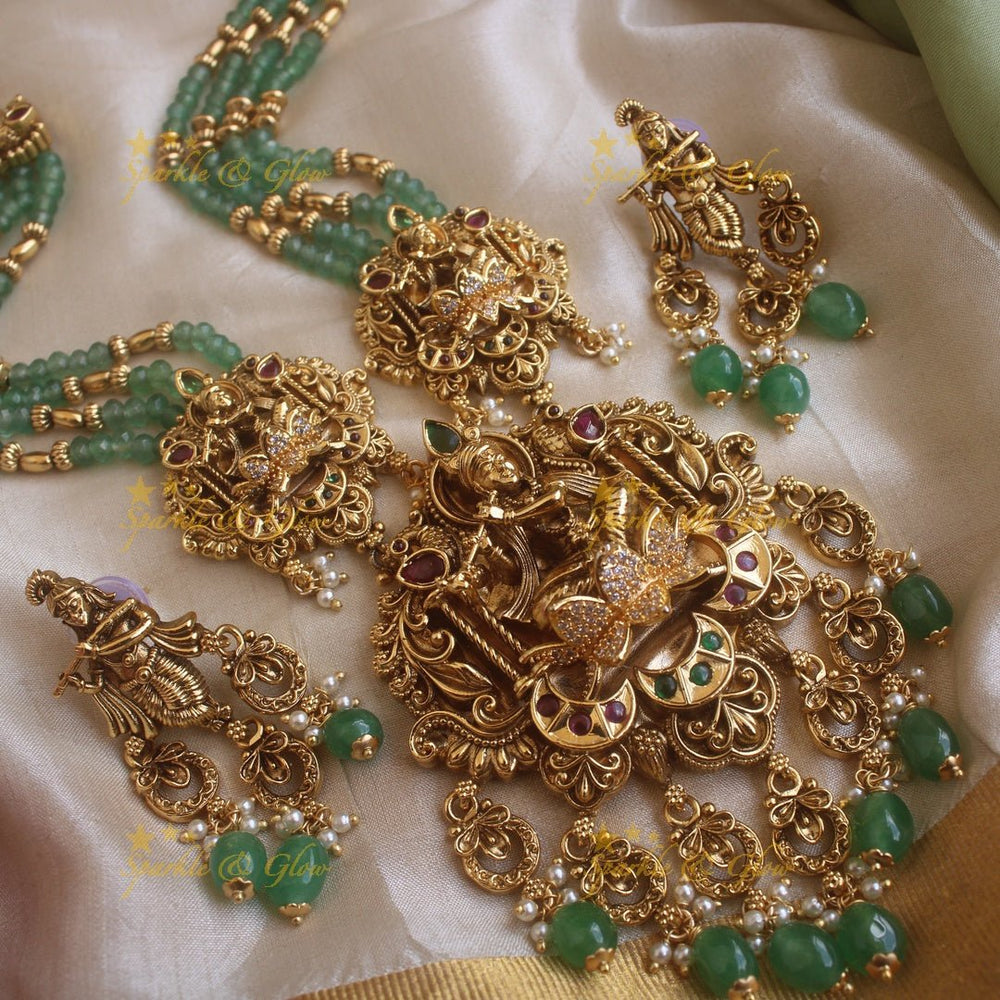 Exclusive Krishna Playing flute and half moon design pendant haram with multi layer mint green beads chain and stones - Sparkle and Glow - Mintgreen - Back Thread