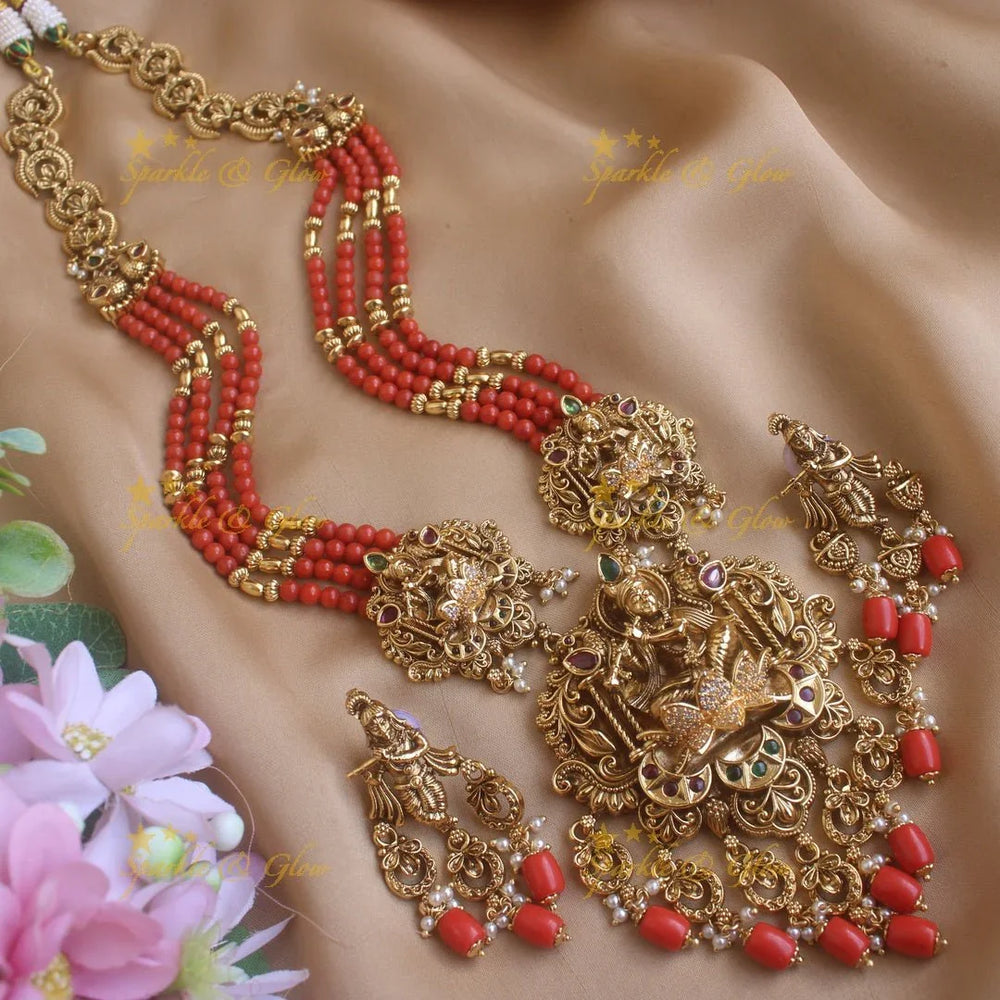 Exclusive Krishna Playing flute and half moon design pendant haram with multi layer mint green beads chain and stones - Sparkle and Glow