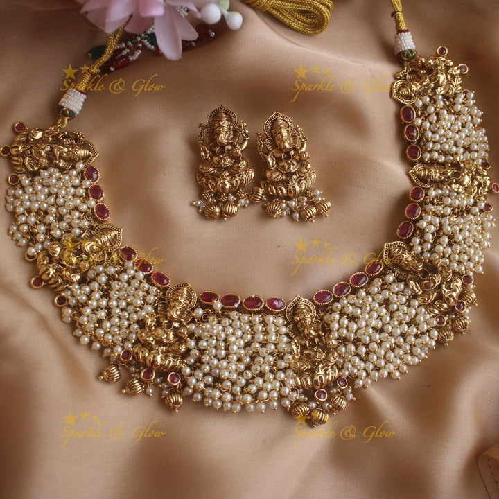 Grand Idol Ganesha design pearl cluster short necklace with gold beads drop - Sparkle and Glow - Gold - Back Thread