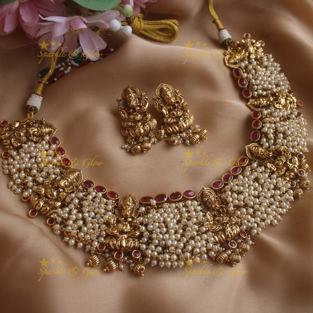 Grand Idol Ganesha design pearl cluster short necklace with gold beads drop - Sparkle and Glow - Gold - Back Thread