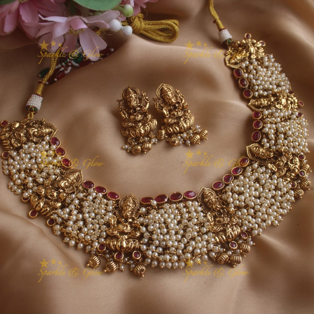 Grand Idol Ganesha design pearl cluster short necklace with gold beads drop - Sparkle and Glow - Gold - Back Thread
