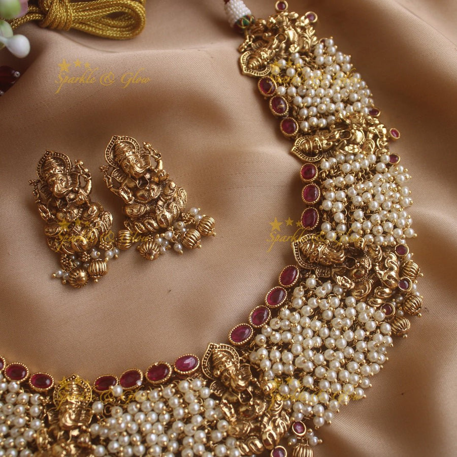 Grand Idol Ganesha design pearl cluster short necklace with gold beads drop - Sparkle and Glow - Gold - Back Thread