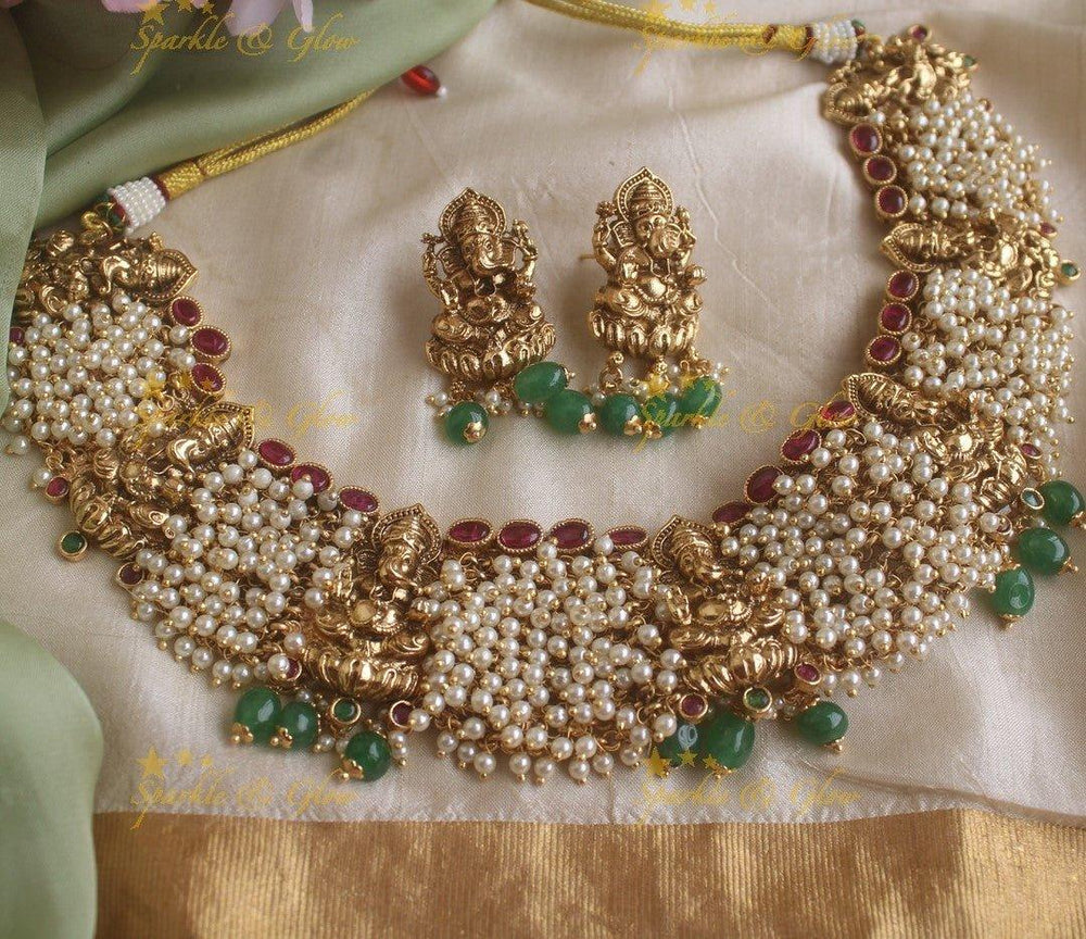 Grand Idol Ganesha design pearl cluster short necklace - Sparkle and Glow