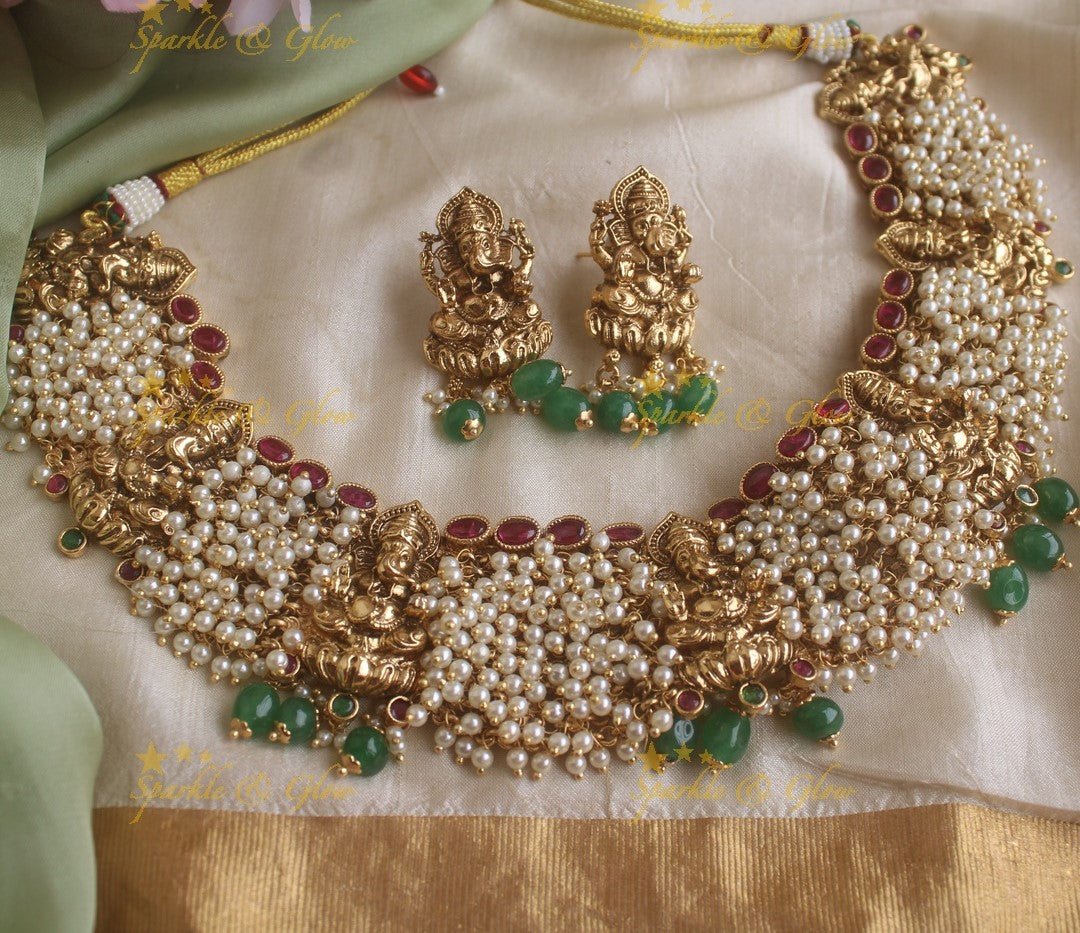 Grand Idol Ganesha design pearl cluster short necklace with gold beads drop - Sparkle and Glow - Green - Back Thread