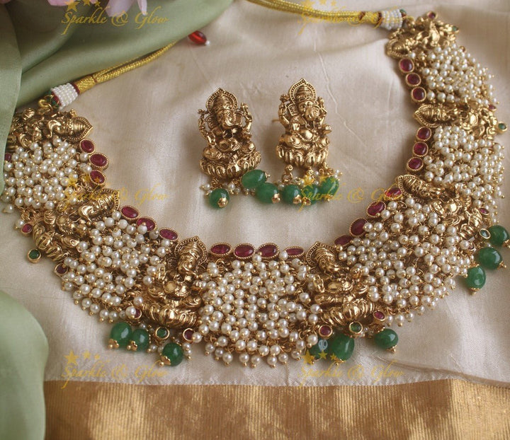 Grand Idol Ganesha design pearl cluster short necklace with gold beads drop - Sparkle and Glow - Green - Back Thread