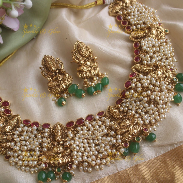 Grand Idol Ganesha design pearl cluster short necklace with gold beads drop - Sparkle and Glow - Gold - Back Thread