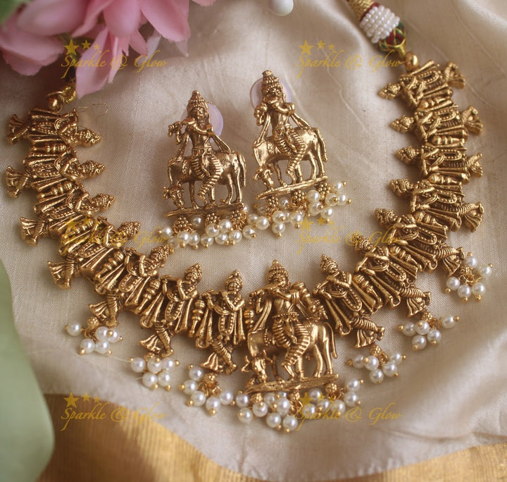 Elegant Idol Krishna Playing Flute on cow design guttapusalu short necklace