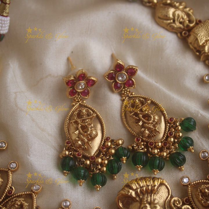 Grand Idol Radhakrishna pendant carved Kemp Floral short necklace with Green beads