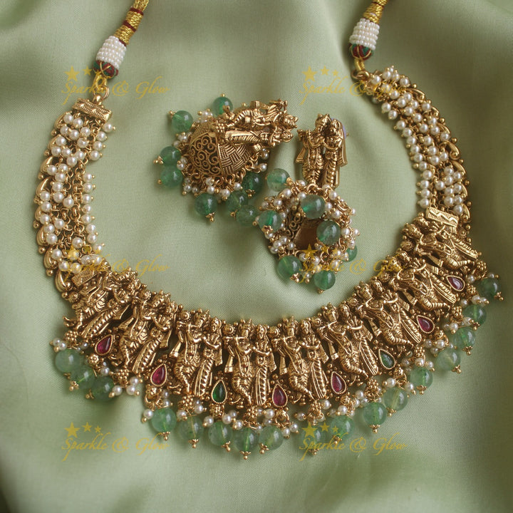 Sparkling Idol Radhakrishna carved Pearl cluster short necklace with mintgreen beads