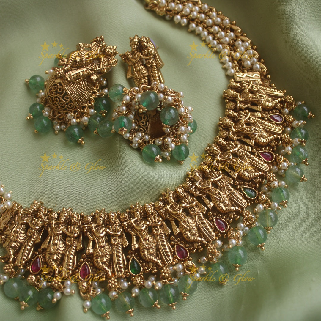 Sparkling Idol Radhakrishna carved Pearl cluster short necklace with mintgreen beads