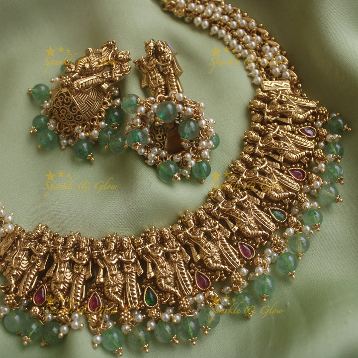 Sparkling Idol Radhakrishna carved Pearl cluster short necklace with mintgreen beads
