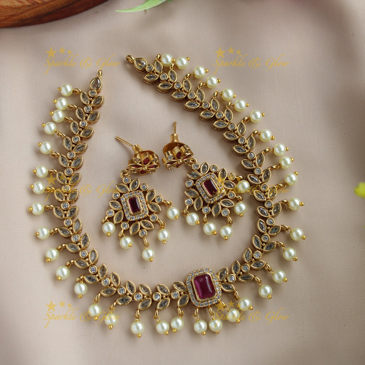 Elegant Leaflet design AD short necklace with ruby and pearl drops