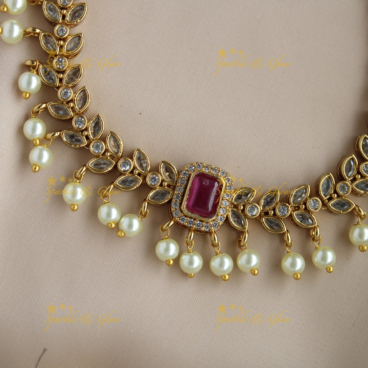 Elegant Leaflet design AD short necklace with ruby and pearl drops