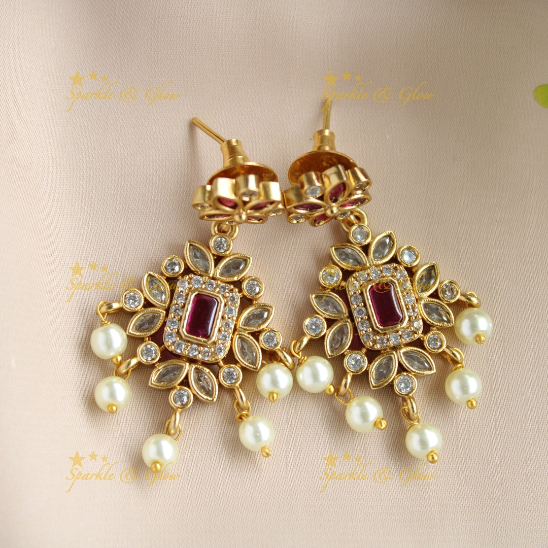 Elegant Leaflet design AD short necklace with ruby and pearl drops
