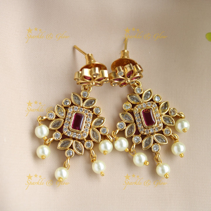 Elegant Leaflet design AD short necklace with ruby and pearl drops
