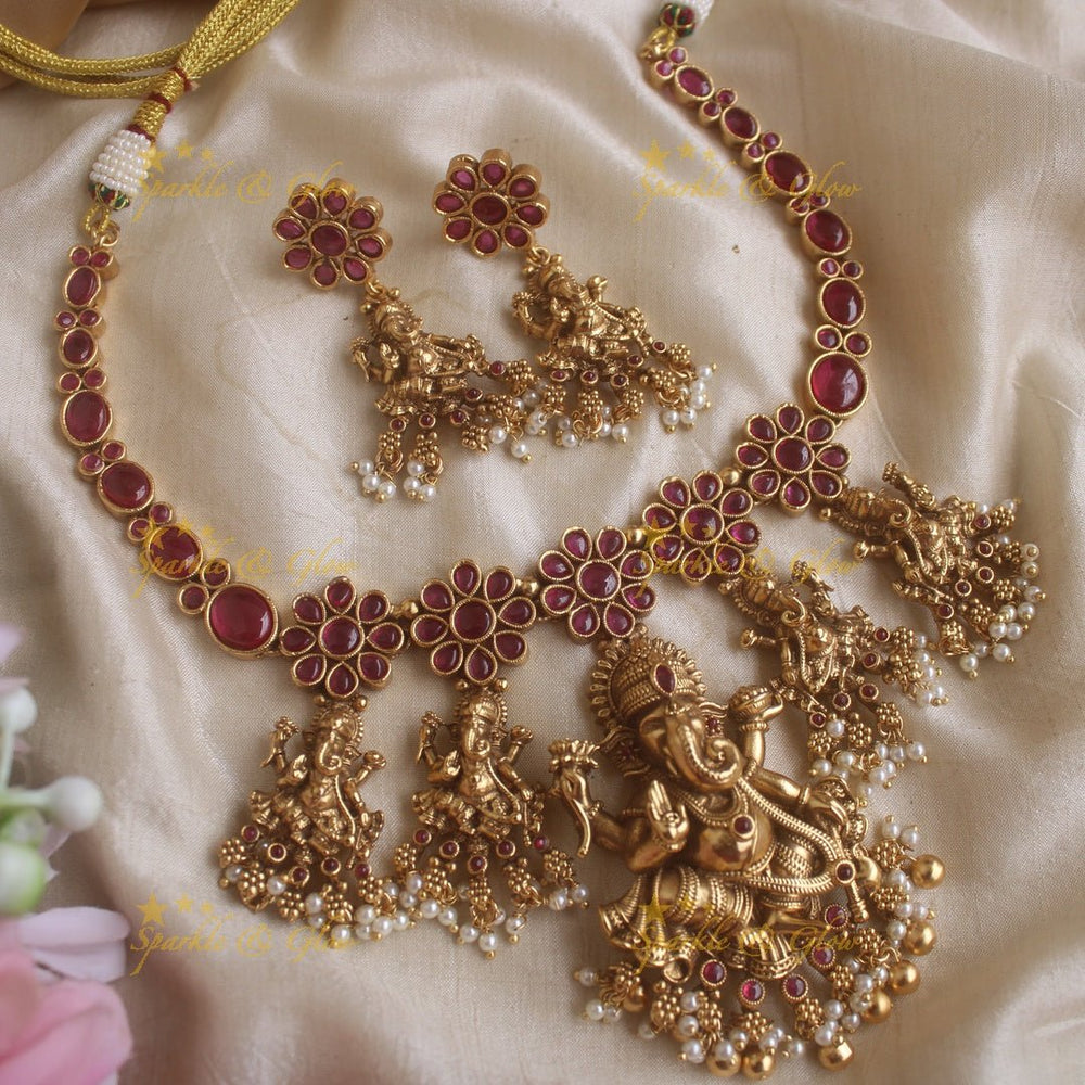 Exclusive Kemp Floral and Idol Ganesha carved short necklace with pearls and Gold beads - Multi - Gold - Sparkle and Glow - Multi - Gold - Back Thread