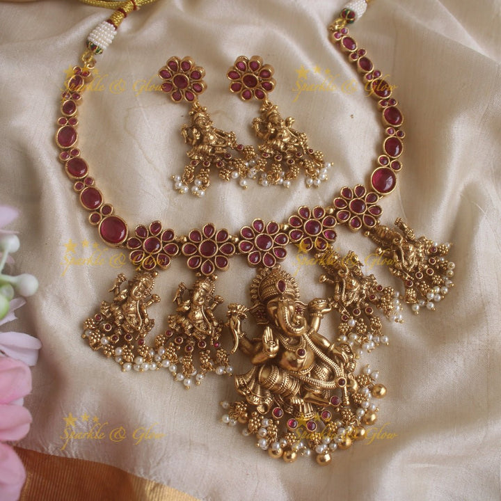 Exclusive Kemp Floral and Idol Ganesha carved short necklace with pearls and Gold beads - Multi - Gold - Sparkle and Glow - Ruby - Gold - Back Thread