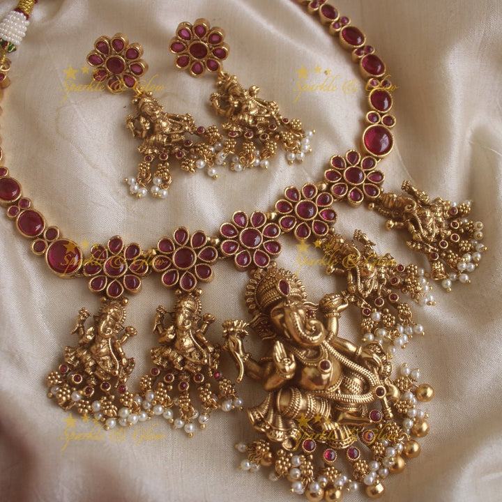 Exclusive Kemp Floral and Idol Ganesha carved short necklace with pearls and Gold beads - Multi - Gold - Sparkle and Glow - Ruby - Gold - Back Thread