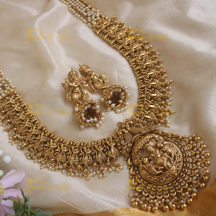 Gracious Idol Krishna Playing Flute pendant carved Pearl cluster Haram