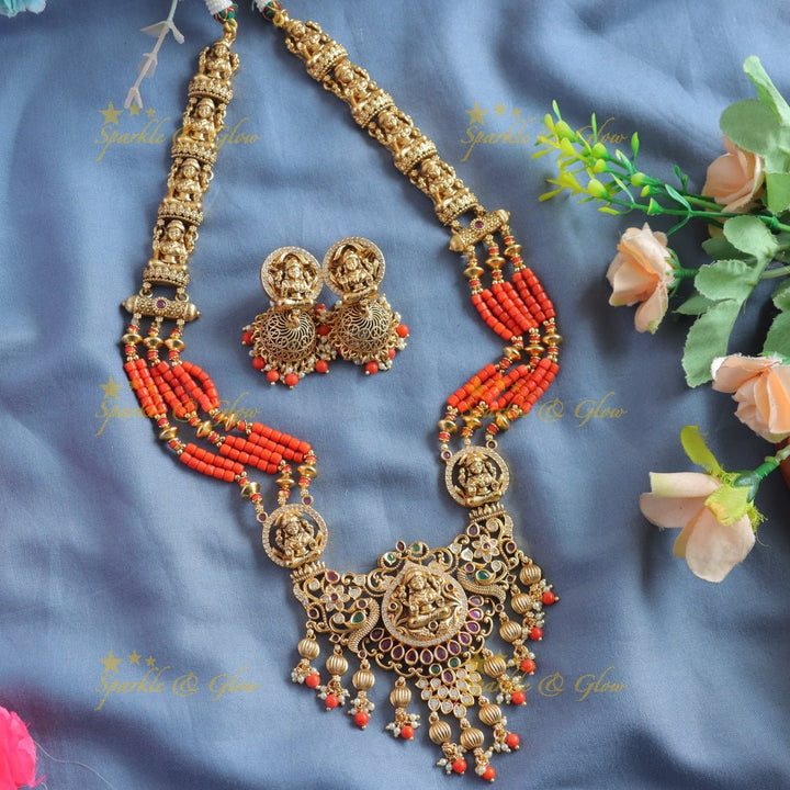 Stunning Lakshmi peacock carved pendant haram with multi layer orange beads, ruby and emeralds - Sparkle and Glow - Orange - Back Thread