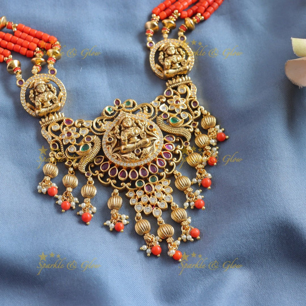 Stunning Lakshmi peacock carved pendant haram with multi layer orange beads, ruby and emeralds - Sparkle and Glow - Orange - Back Thread