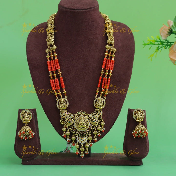 Stunning Lakshmi peacock carved pendant haram with multi layer orange beads, ruby and emeralds - Sparkle and Glow - Orange - Back Thread