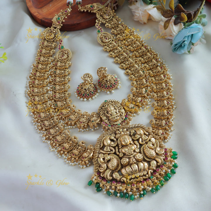 Exclusive Bridal Lakshmi peacock carved layer long necklace with ruby emerald pearls and green beads