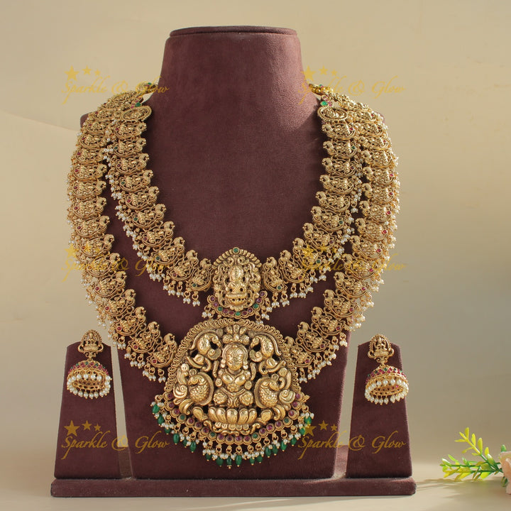 Exclusive Bridal Lakshmi peacock carved layer long necklace with ruby emerald pearls and green beads