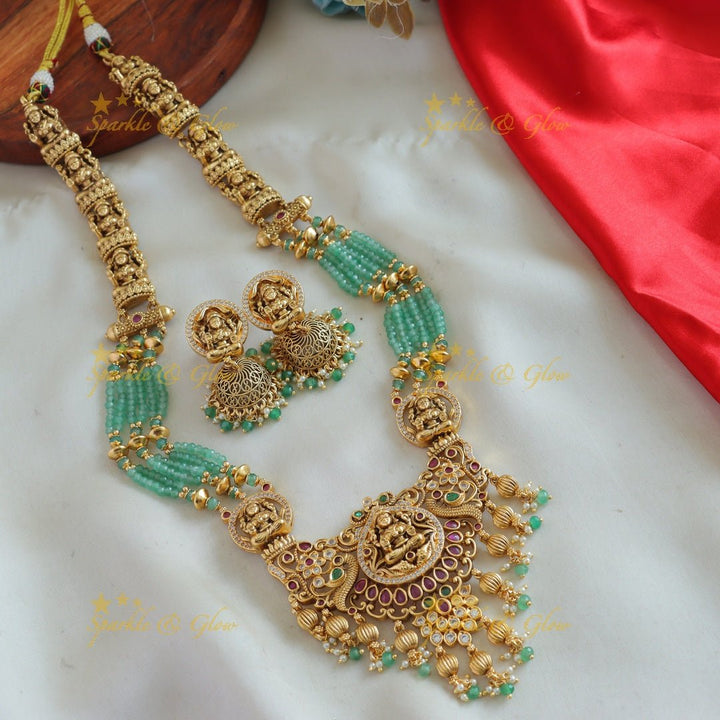 Stunning Lakshmi peacock carved pendant haram with multi layer orange beads, ruby and emeralds - Sparkle and Glow - Orange - Back Thread
