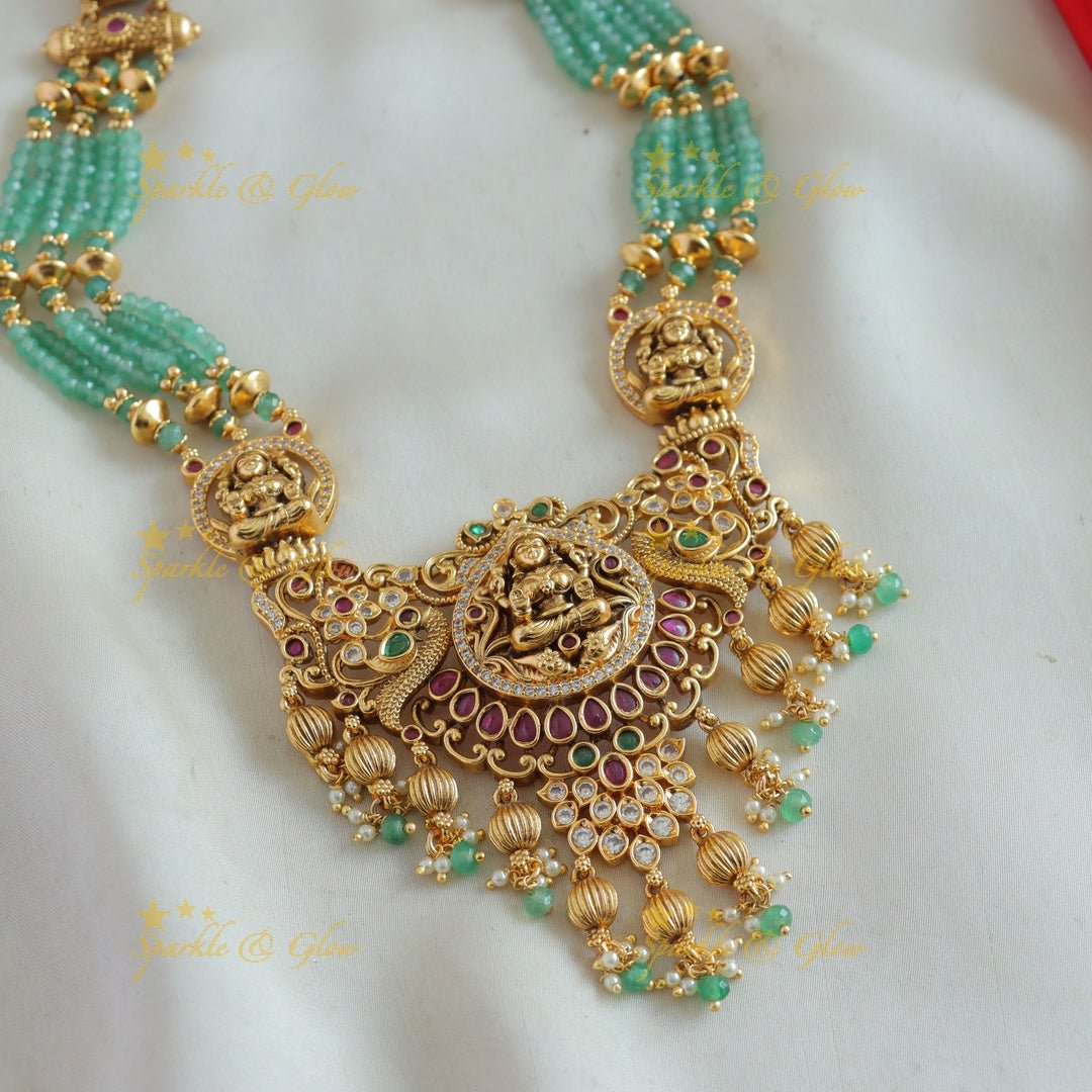 Stunning Lakshmi peacock carved pendant haram with multi layer orange beads, ruby and emeralds - Sparkle and Glow - Orange - Back Thread