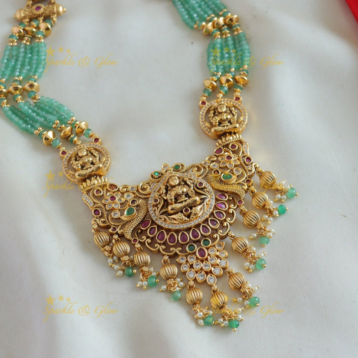 Stunning Lakshmi peacock carved pendant haram with multi layer orange beads, ruby and emeralds - Sparkle and Glow - Orange - Back Thread