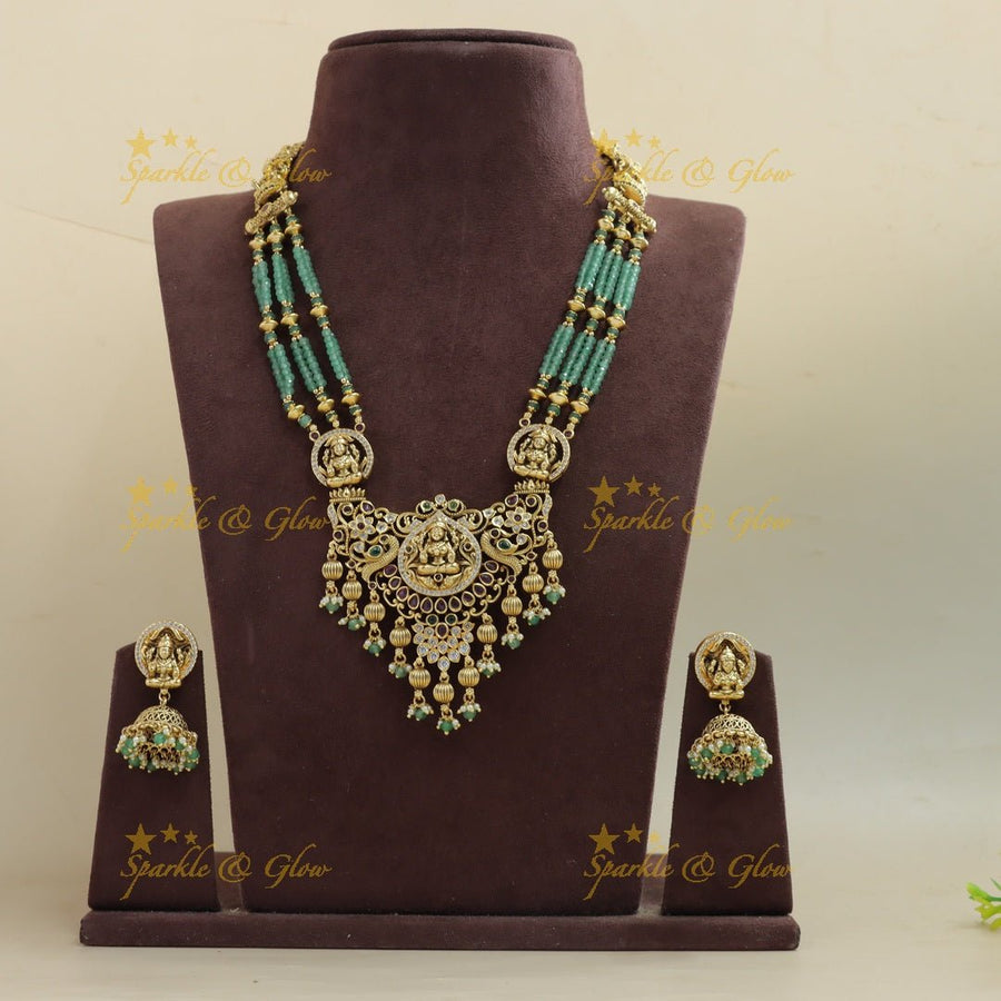 Stunning Lakshmi peacock carved pendant haram with multi layer orange beads, ruby and emeralds - Sparkle and Glow - Orange - Back Thread