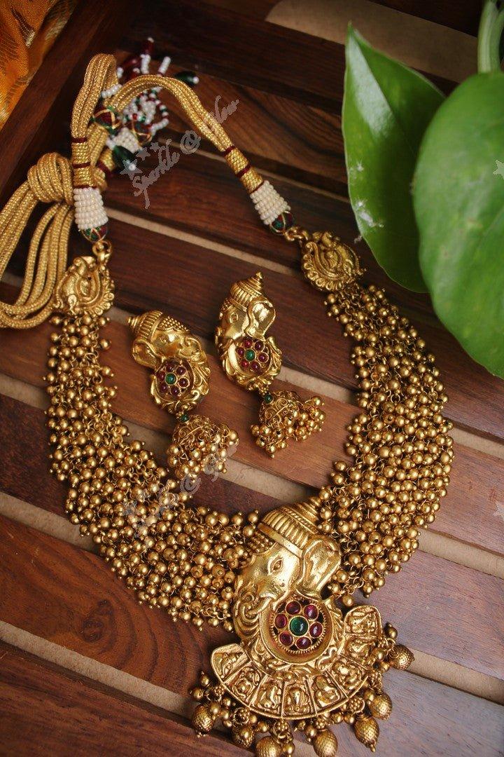 Gold alike polished Ganesha carved gold beads cluster necklace - Sparkle and Glow