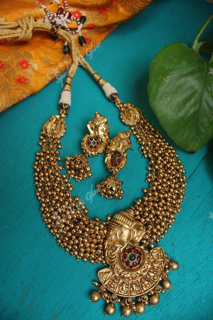 Gold alike polished Ganesha carved gold beads cluster necklace - Sparkle and Glow