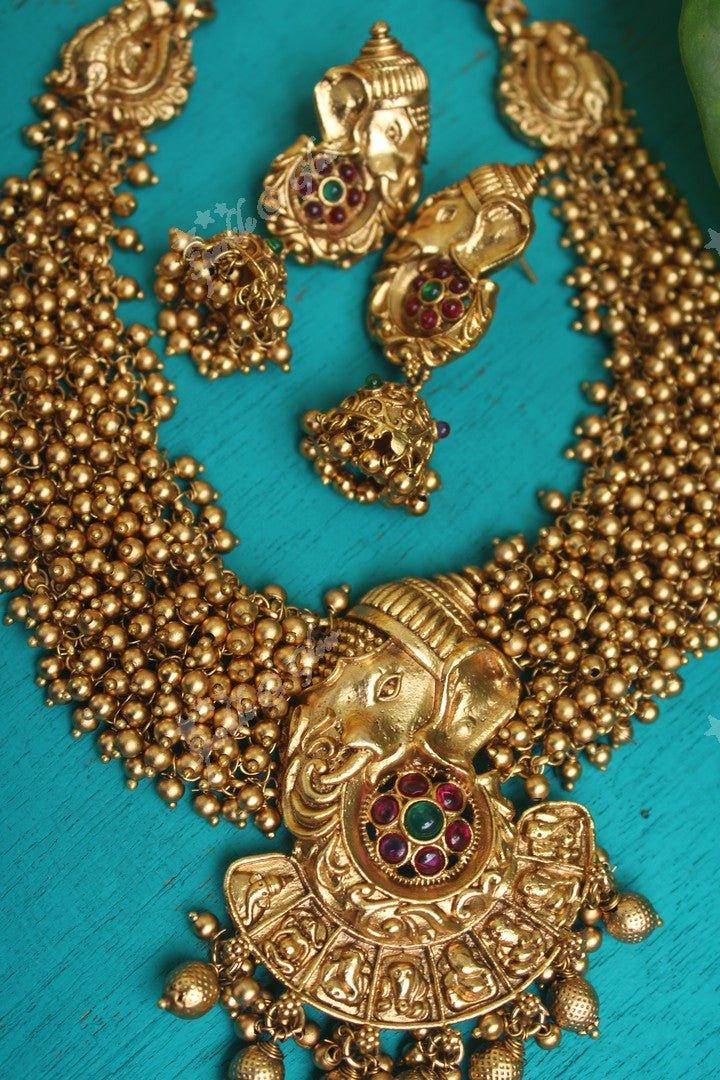 Gold alike polished Ganesha carved gold beads cluster necklace - Sparkle and Glow