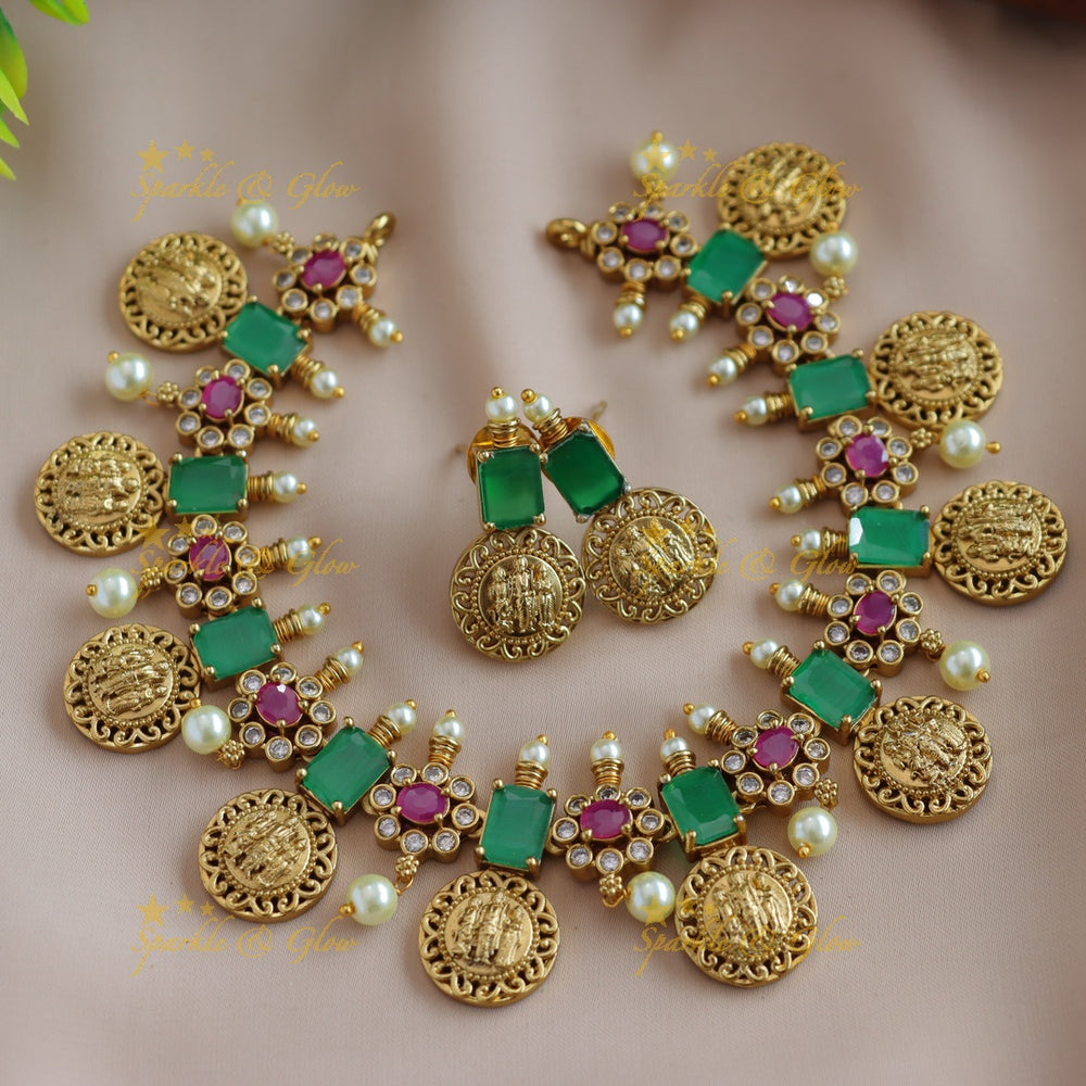 Ram parivar floral coin short necklace with ruby emerald and pearls - Sparkle and Glow