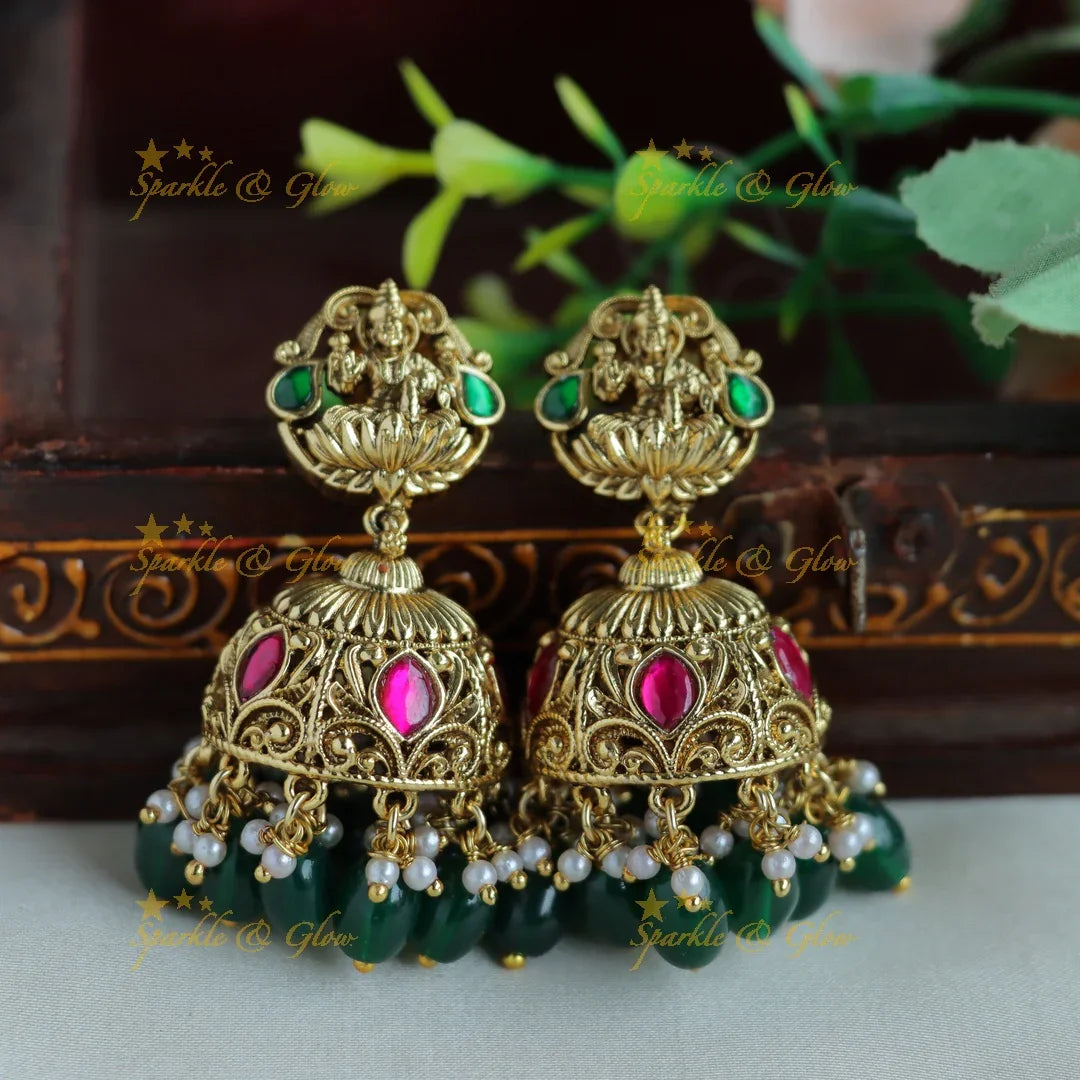 Beautiful Lakshmi Elephant peacock carved jadau short necklace with green beads - Sparkle and Glow
