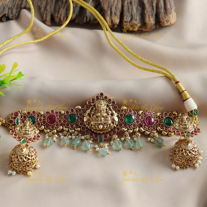 Elegant Lakshmi Floral design choker with ruby emerald stones and mint green beads
