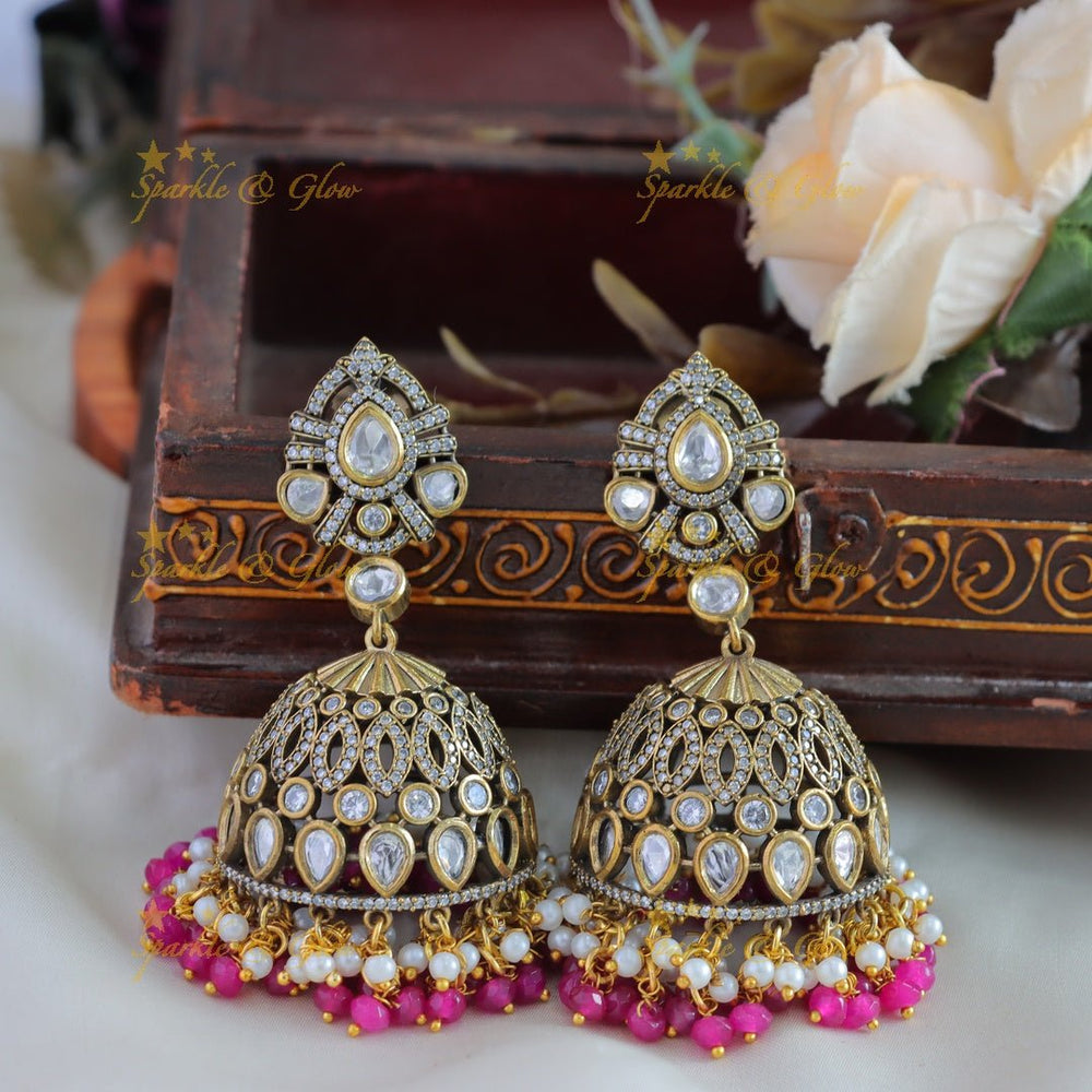 Grand Victorian AD Peacock Floral Layered Haram with pink beads - Pink - Sparkle and Glow - Back Thread - 