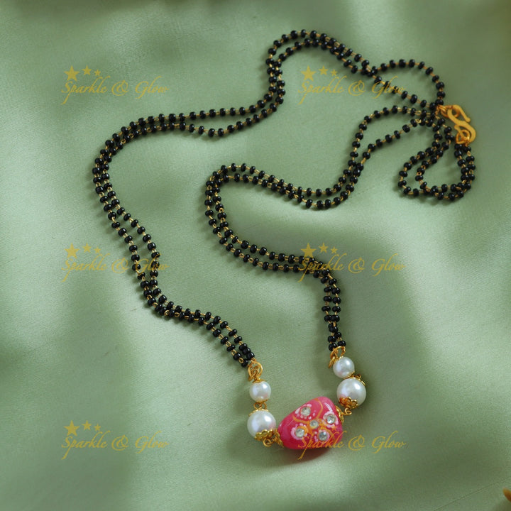 Stunning Beads and pearls pendant two layer black beads chain , mangalsutra - blue