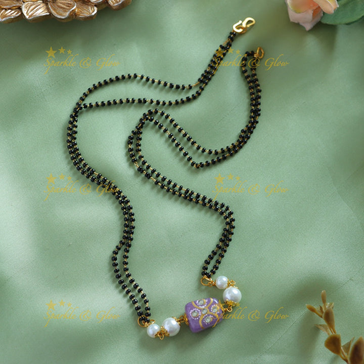 Stunning Beads and pearls pendant two layer black beads chain , mangalsutra - purple