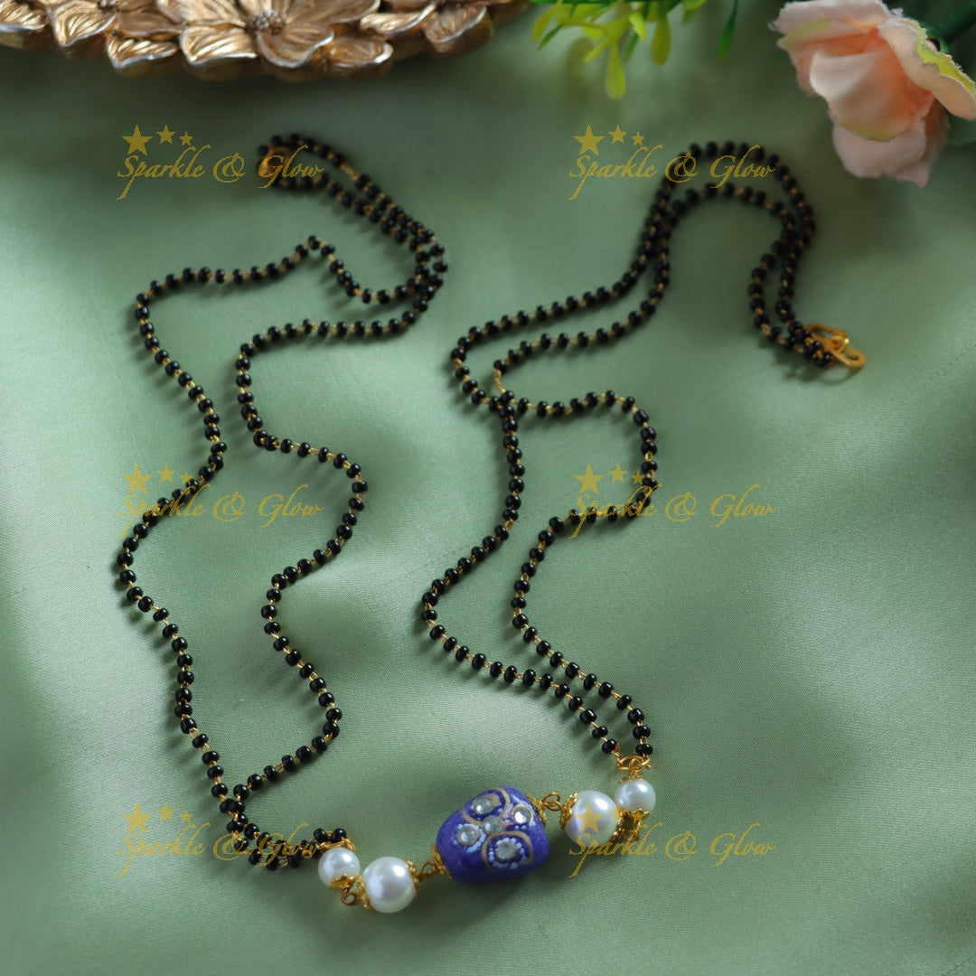Stunning Beads and pearls pendant two layer black beads chain , mangalsutra - blue