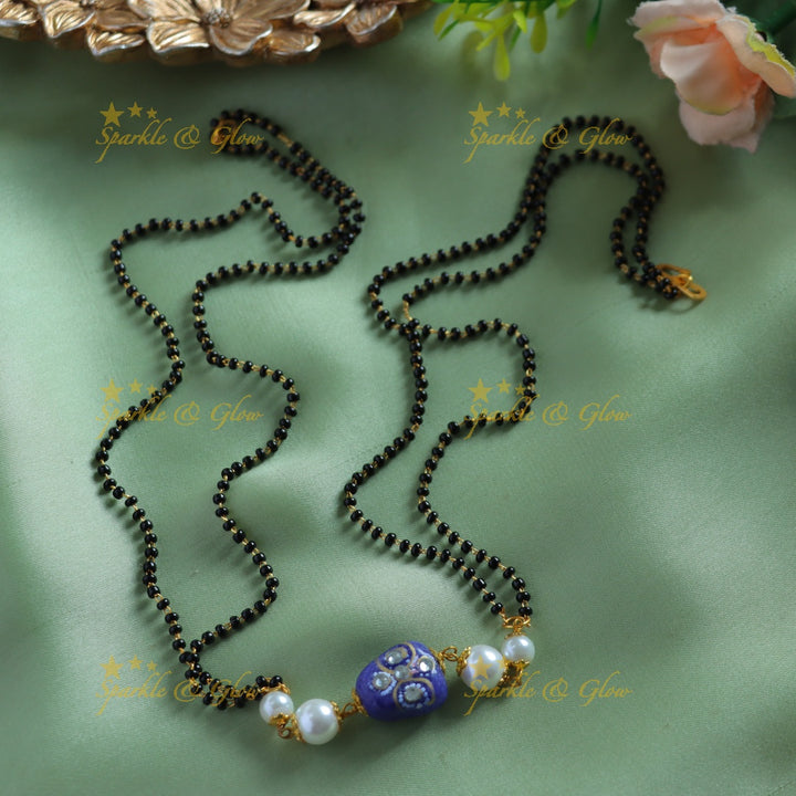 Stunning Beads and pearls pendant two layer black beads chain , mangalsutra - blue