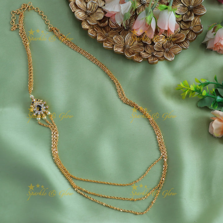 Beautiful Peacock floral design three layer long chain with stones and pearls - pink