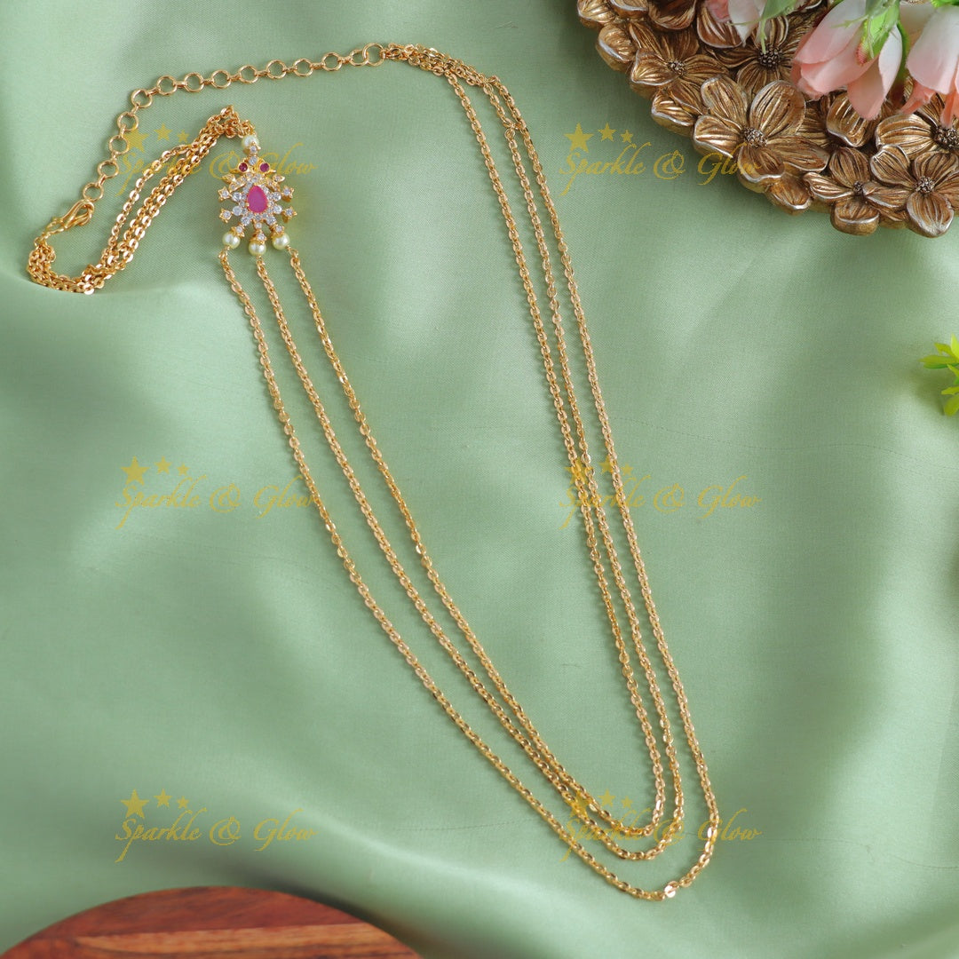 Beautiful Peacock floral design three layer long chain with stones and pearls - pink