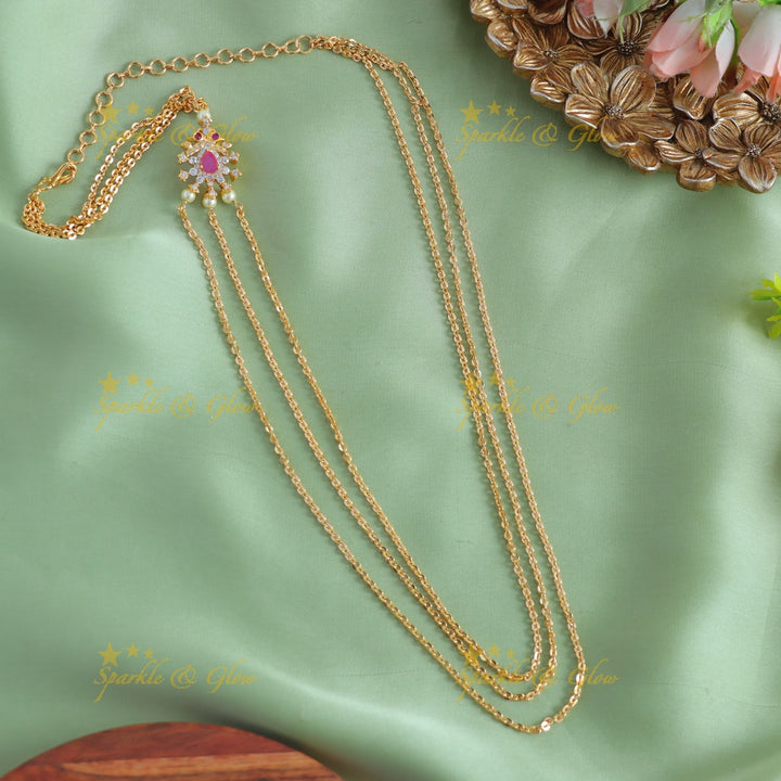 Beautiful Peacock floral design three layer long chain with stones and pearls - pink
