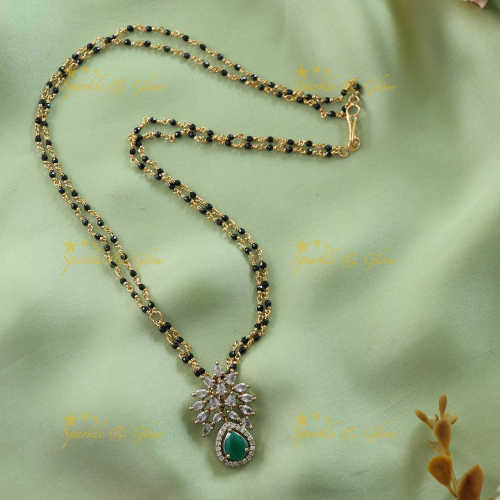 Stunning Leaf design stone pendant two layer black beads chain , mangalsutra with ruby - pink